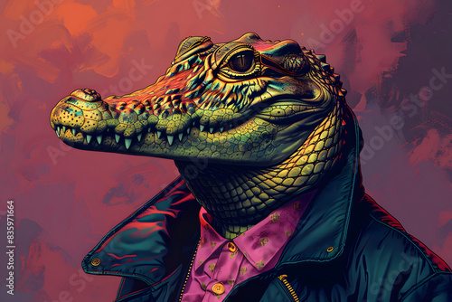 Stylish Alligator in Leather Jacket and Button-Up Shirt on Abstract Background