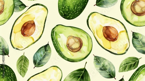Seamless avocado pattern with leaves. Tropical fruit pattern for textile design, wallpaper, and packaging.