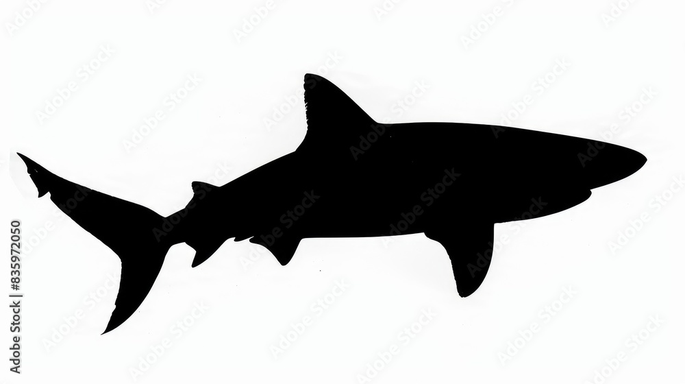 A silhouette of a shark in mid-swim, its fins and tail sharply contrasted against a white background A silhouette of a shark in mid-swim, its fins and tail sharply contrasted against a white background