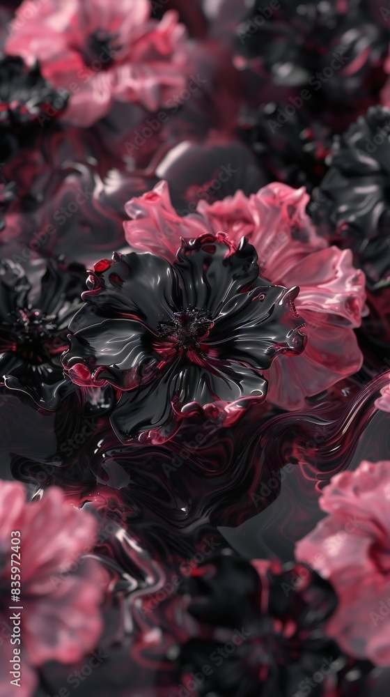 Mobile portraits showcase tulip flowers sculpted from ferrofluids, their dark black and pink hues blending in enchanting wavy patterns. Mobile portraits showcase tulip flowers sculpted from ferrofluids, their dark black and pink hues blending in enchanting wavy patterns.