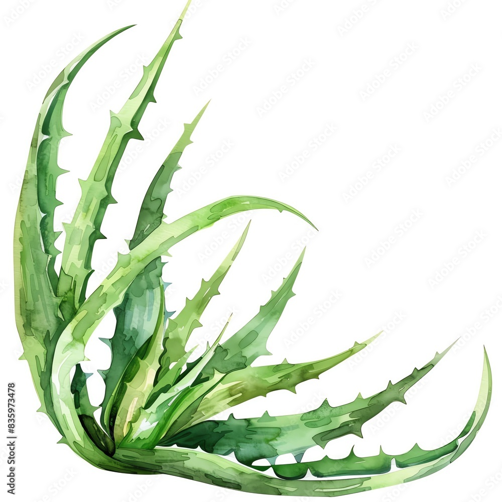 Fototapeta premium Aloe leaf, watercolor floral border, watercolor illustration, isolate on white background,