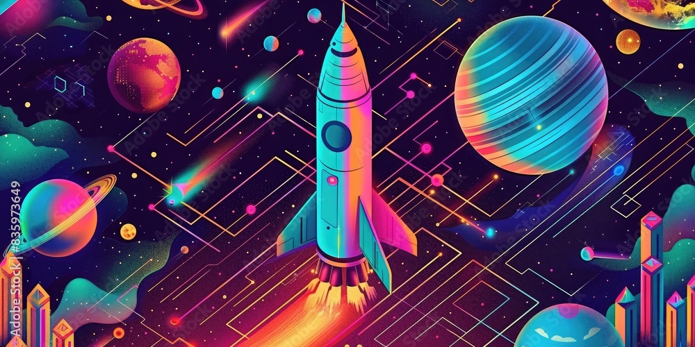 Neon Space Mission with Planets Neon Space Mission with Planets