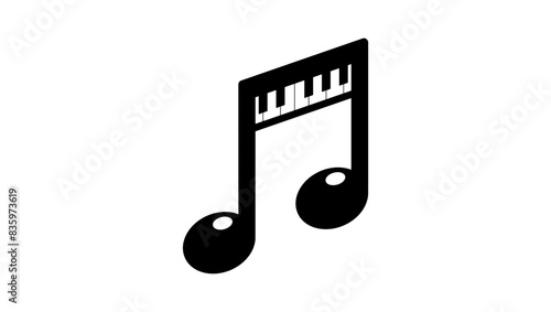 Piano keyboard in note shape, black isolated silhouette