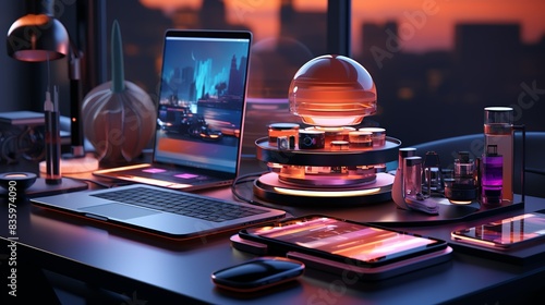 An array of advanced gadgets neatly arranged on a futuristic table, showcasing the latest in consumer electronics. Painting Illustration style, Minimal and Simple,