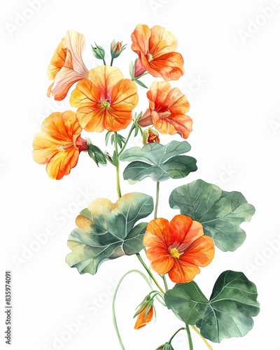 Nasturtium  watercolor floral border  watercolor illustration  isolate on white background 