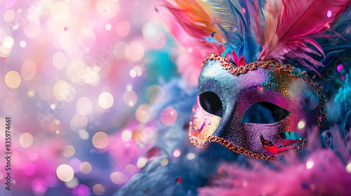 Mardi gras festival background with colorful mask, feathers and decorations surrounded by confetti © khozainuz