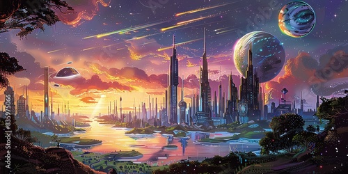 Futuristic Cityscape Under Alien Skies