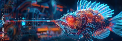 Conceptual digital depicting a robotic,cyberpunk-inspired anglerfish creature evolving and adapting in a neon-lit,futuristic underwater environment,showcasing the interplay between photo