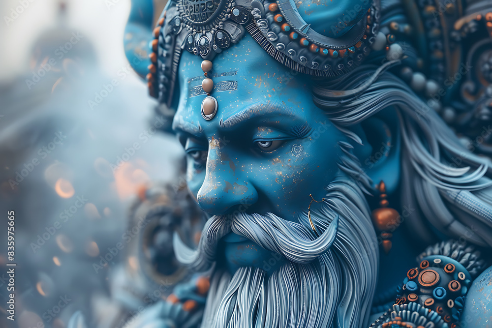An intricately detailed statue of an Indian god, showcasing rich cultural heritage and spiritual significance. An intricately detailed statue of an Indian god, showcasing rich cultural heritage and spiritual significance.