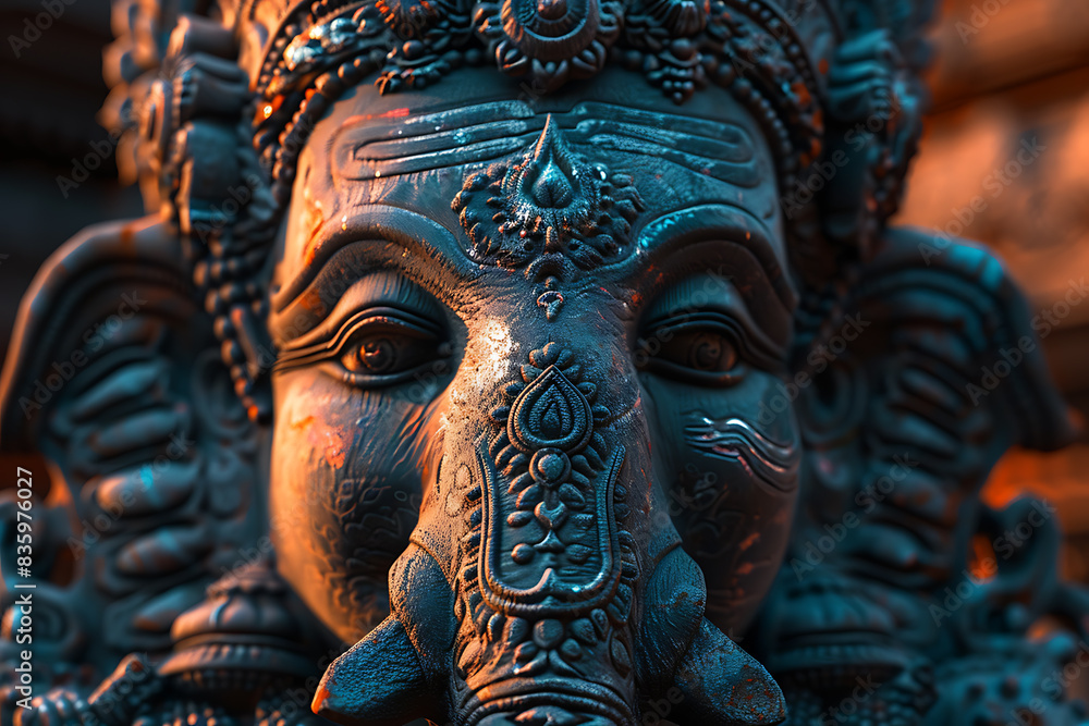 An intricately detailed statue of an Indian god, showcasing rich cultural heritage and spiritual significance. An intricately detailed statue of an Indian god, showcasing rich cultural heritage and spiritual significance.