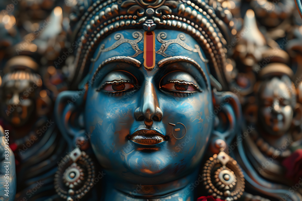 An intricately detailed statue of an Indian god, showcasing rich cultural heritage and spiritual significance. An intricately detailed statue of an Indian god, showcasing rich cultural heritage and spiritual significance.
