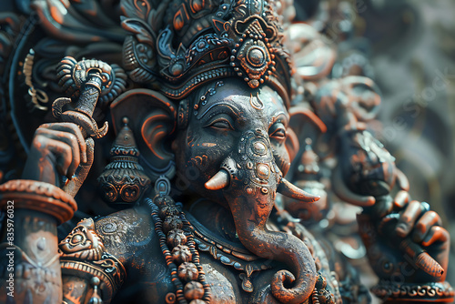 An intricately detailed statue of an Indian god, showcasing rich cultural heritage and spiritual significance.
