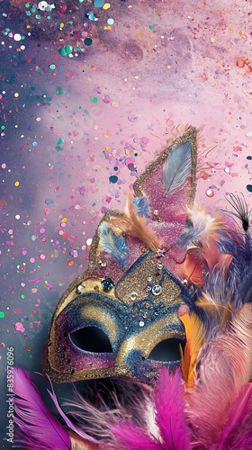 Mardi gras festival background with colorful mask, feathers and decorations surrounded by confetti