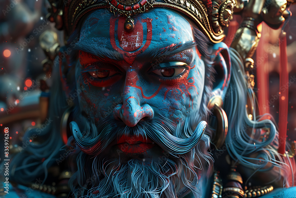 An intricately detailed statue of an Indian god, showcasing rich cultural heritage and spiritual significance. An intricately detailed statue of an Indian god, showcasing rich cultural heritage and spiritual significance.