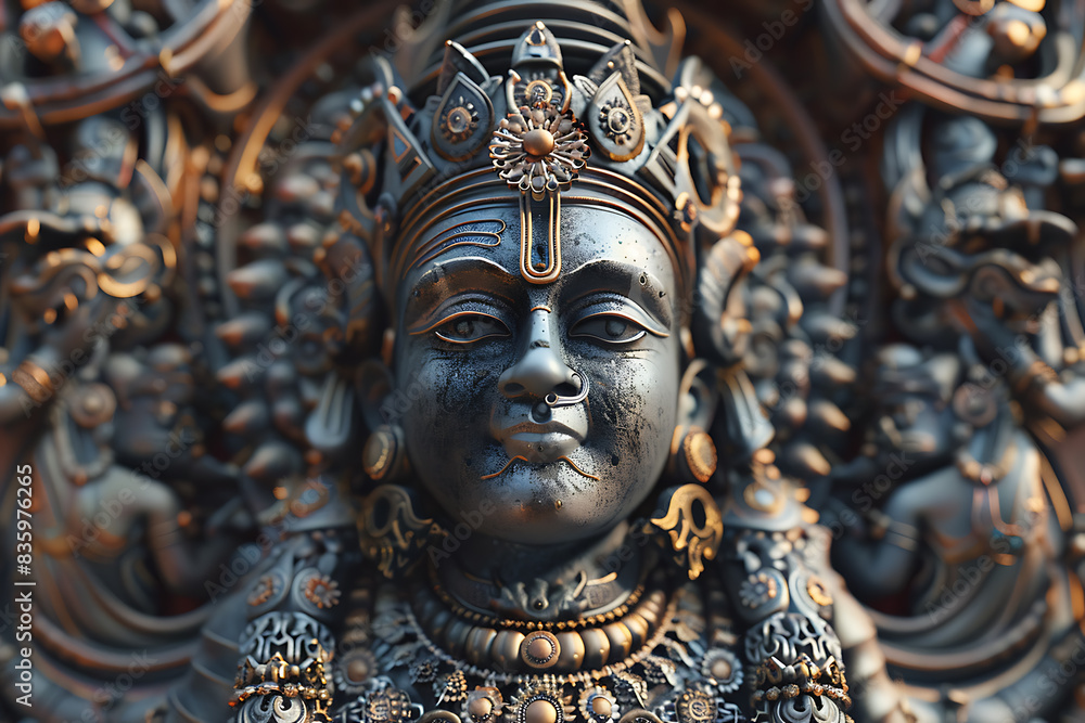 An intricately detailed statue of an Indian god, showcasing rich cultural heritage and spiritual significance. An intricately detailed statue of an Indian god, showcasing rich cultural heritage and spiritual significance.