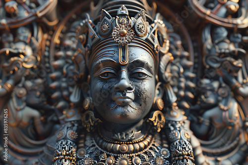 An intricately detailed statue of an Indian god, showcasing rich cultural heritage and spiritual significance. © River Girl
