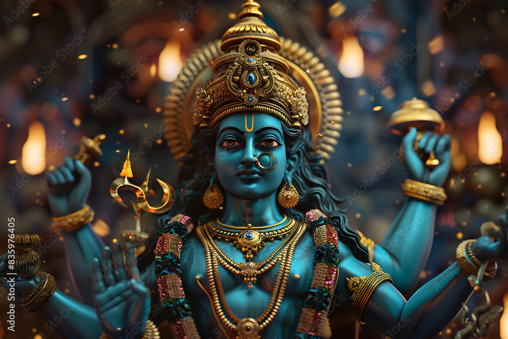 An intricately detailed statue of an Indian god, showcasing rich cultural heritage and spiritual significance. An intricately detailed statue of an Indian god, showcasing rich cultural heritage and spiritual significance.