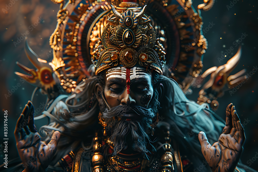 An intricately detailed statue of an Indian god, showcasing rich cultural heritage and spiritual significance. An intricately detailed statue of an Indian god, showcasing rich cultural heritage and spiritual significance.
