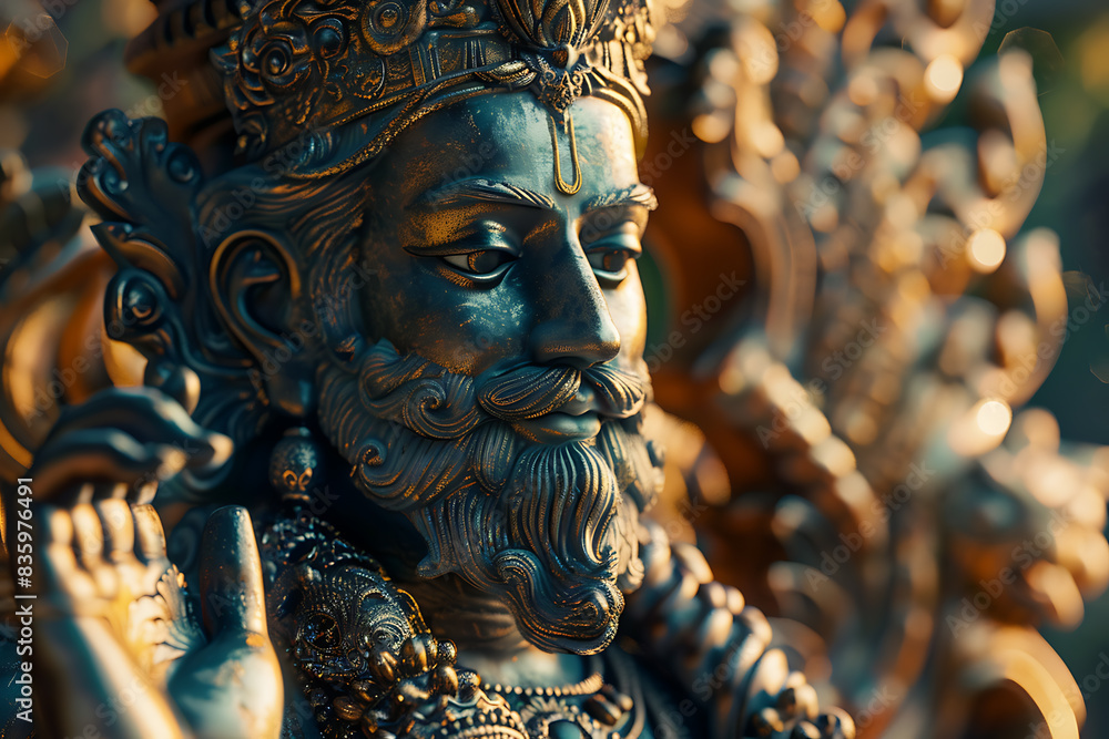 An intricately detailed statue of an Indian god, showcasing rich cultural heritage and spiritual significance. An intricately detailed statue of an Indian god, showcasing rich cultural heritage and spiritual significance.