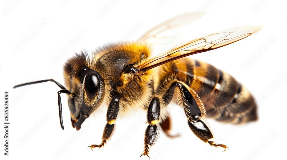 A vibrant image of a bee landing, with its wings spread and body in sharp focus on a white background A vibrant image of a bee landing, with its wings spread and body in sharp focus on a white background