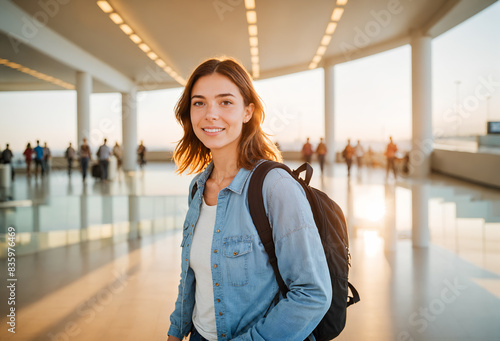 Young Woman Smiles at Airport, Ready for Adventure