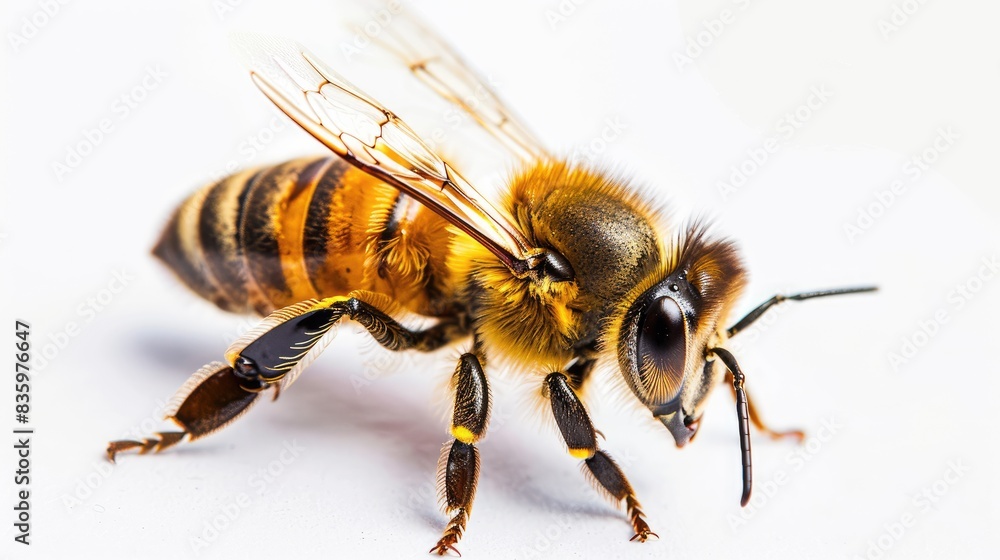 A vibrant image of a bee landing, with its wings spread and body in sharp focus on a white background A vibrant image of a bee landing, with its wings spread and body in sharp focus on a white background