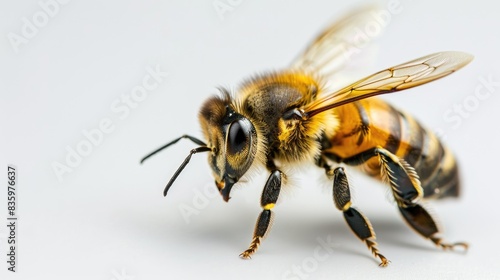 A vibrant image of a bee landing, with its wings spread and body in sharp focus on a white background