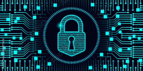 Vector digital glowing virtual classic cyan padlock. Prohibited entry. Computer chip. Ban or protection. High tech wide banner.