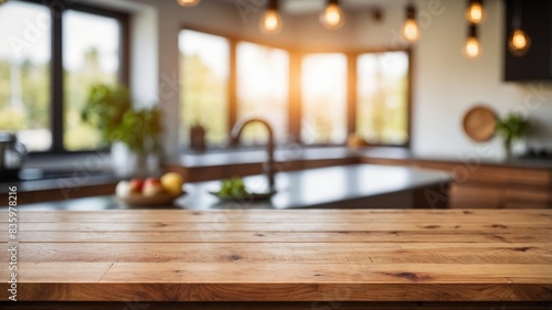 empty beautiful wood table top counter and blur bokeh