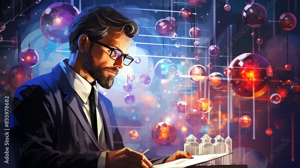 A scientist analyzing data on a transparent digital interface, highlighting the role of technology in scientific discovery. Painting Illustration style, Minimal and Simple, A scientist analyzing data on a transparent digital interface, highlighting the role of technology in scientific discovery. Painting Illustration style, Minimal and Simple,