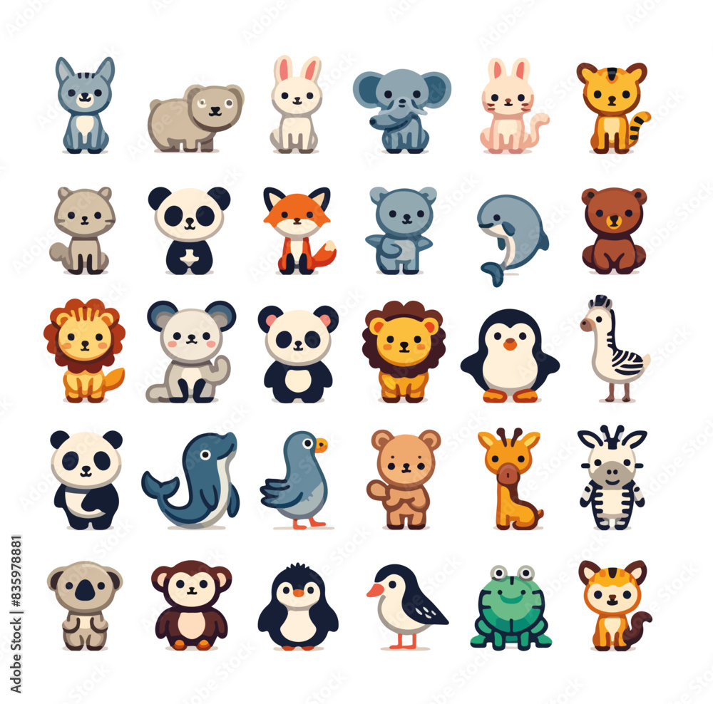 A collection of 30 colorful, cartoon-style animal icons featuring various cute animals such as bears, pandas, lions, foxes, dolphins, penguins, and more A collection of 30 colorful, cartoon-style animal icons featuring various cute animals such as bears, pandas, lions, foxes, dolphins, penguins, and more