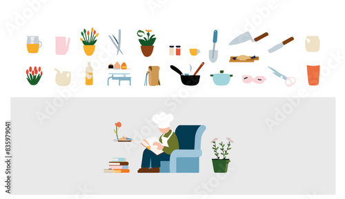 A set of cooking vector icons at the top, featuring items such as plants, tools, cooking utensils, and kitchenware. Below, an illustration of a chef sitting in a chair, reading a book.