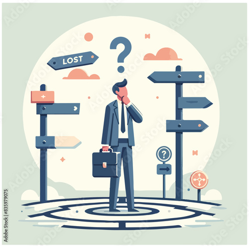 An illustration of a confused businessman standing at a crossroads with multiple directional signs and a question mark above his head, symbolizing decision-making and uncertainty