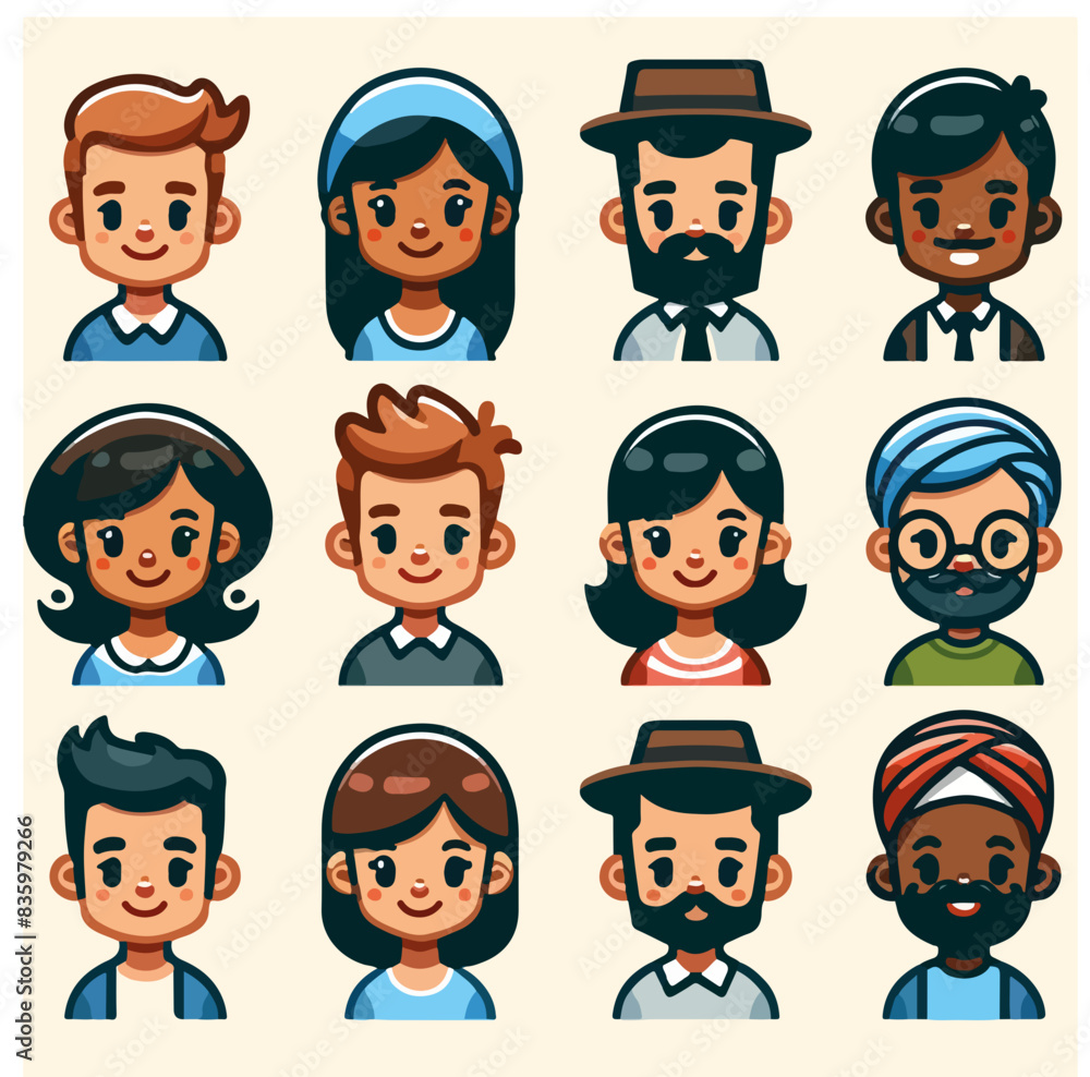 A collection of 12 colorful, cartoon-style avatars representing diverse individuals with various ethnicities and styles. A collection of 12 colorful, cartoon-style avatars representing diverse individuals with various ethnicities and styles.