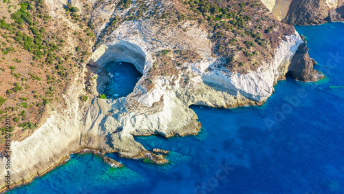 Obraz na płótnie Aerial view of the volcanic open cave of Sykia, Milos island, Cyclades, Greece w salonie