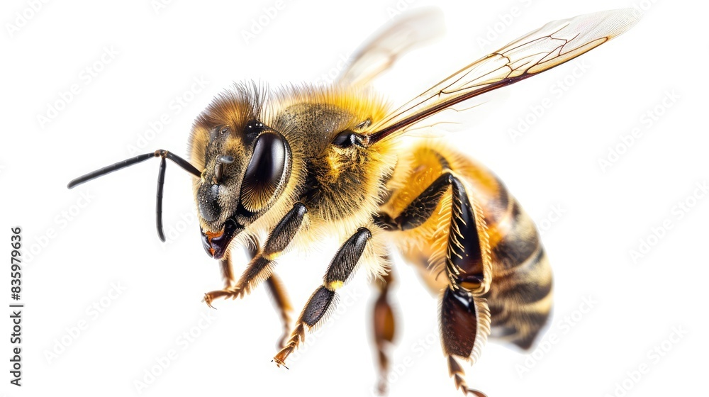An isolated honeybee in flight, captured in sharp detail with its wings blurred against a white background - An isolated honeybee in flight, captured in sharp detail with its wings blurred against a white background -