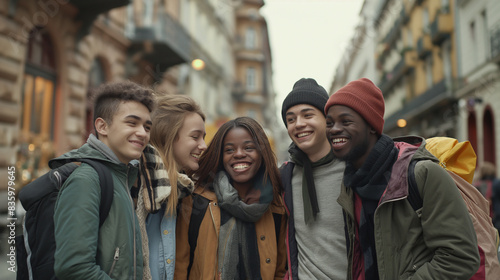 Happy Diverse Friends Smiling Together in Urban Cityscape