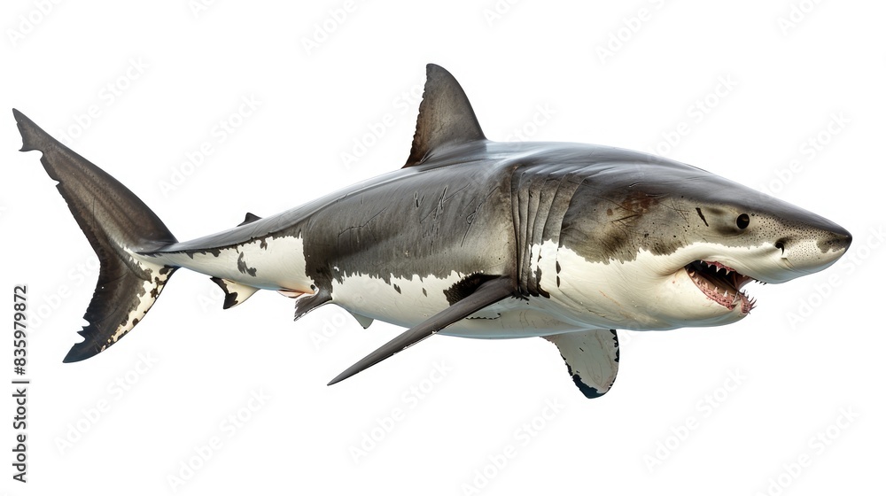 sharp image of a great white shark, showing its powerful body and fierce teeth, set against a clean white background sharp image of a great white shark, showing its powerful body and fierce teeth, set against a clean white background