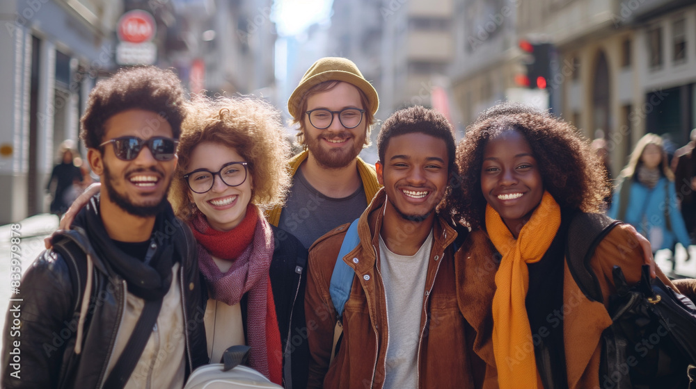 Happy Diverse Friends Smiling Together in Urban Cityscape Happy Diverse Friends Smiling Together in Urban Cityscape