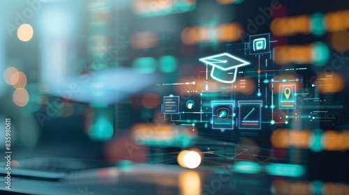 digital education concept with icons of computer, graduation cap and school board on blurred background. Digital learning online system for distance education or futuristic new AI technology