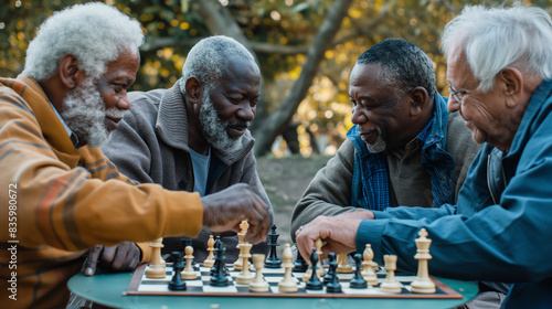 Elderly Diverse Men Playing Chess Outdoors in a Park