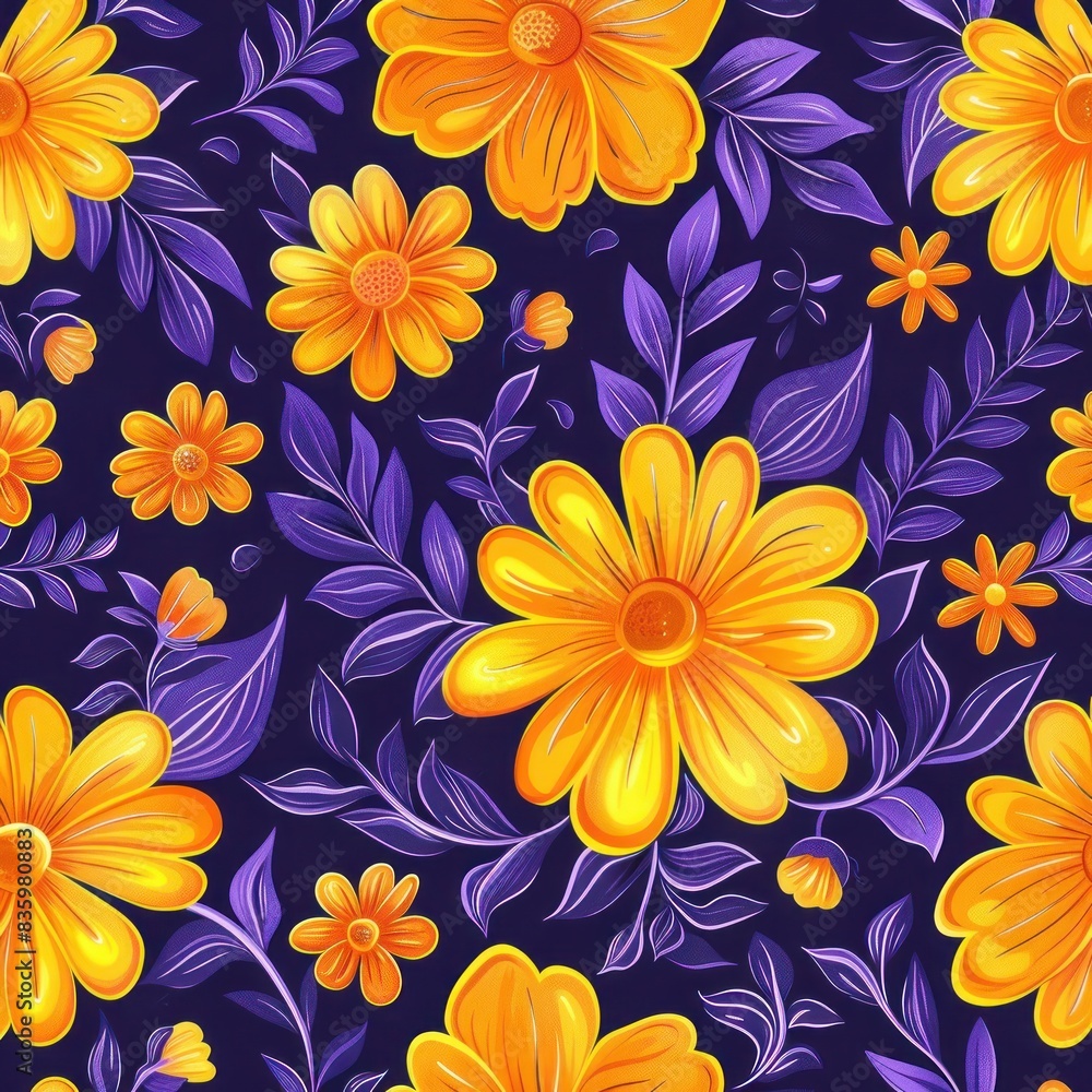 Obraz premium Seamless Floral Pattern with Vibrant Yellow and Orange Flowers on Dark Background Generative AI