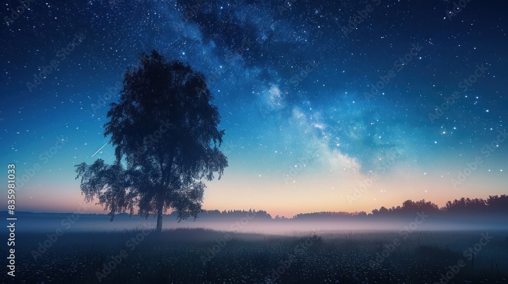 Magical Starlit Sky and Foggy Meadow at Twilight Captures Tranquil Serenity, Generative ai Magical Starlit Sky and Foggy Meadow at Twilight Captures Tranquil Serenity, Generative ai