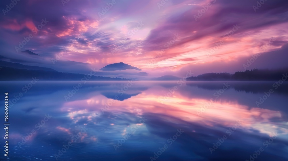 Serene Sunrise Over a Misty Lake with Forest Reflections, Capturing Peaceful Dawn, Generative ai