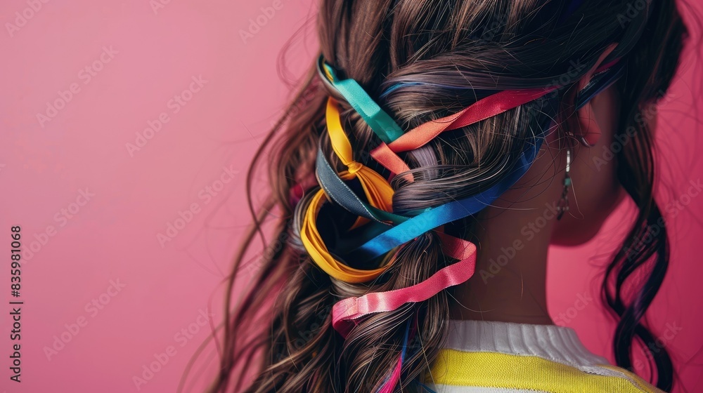 Naklejka premium A young woman hair styled with multiple colorful hair ties, creating a fun and trendy look.