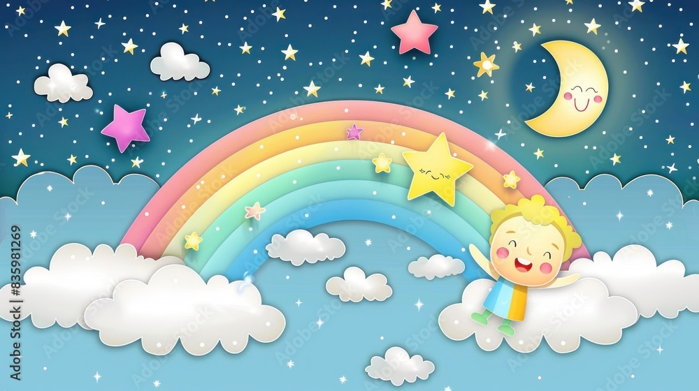 custom made wallpaper toronto digitalEnchanted Cartoon Sky with Smiling Rainbow, Moon, and Stars for Joyful Dreams, Generative ai