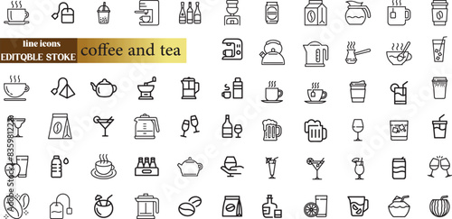 icon, coffee, tea, drink, bottle, water, juice, milk, wine, glass, set, cup, vector, beer, mug, thin, alcohol, pot, champagne, cocktail, carton, kettle, coconut, ice, illustration, dairy, go, bucket, 