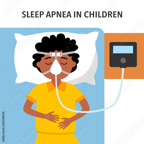 Child suffering from sleep apnea, using a CPAP machine.
