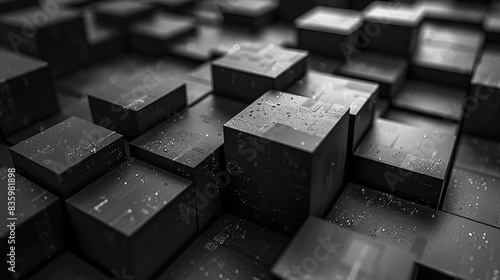 Abstract black 3D cubes with digital patterns, creating a high-tech and futuristic background for technology themes.