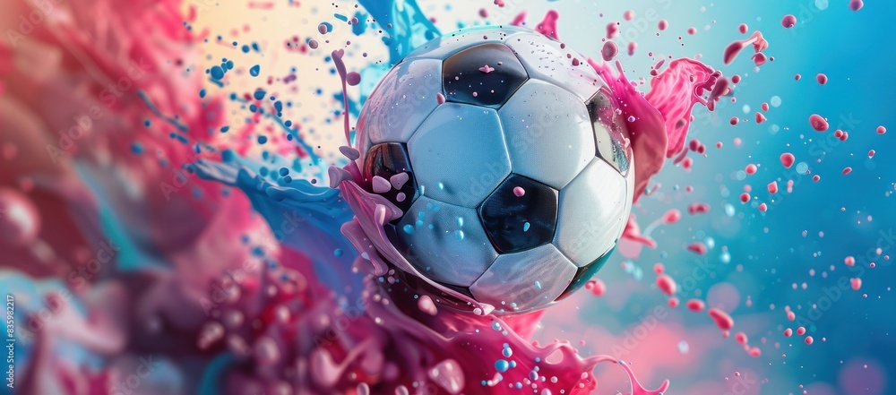Fototapeta premium Soccer Ball Soaring Through a Dreamy Blue and Pink Paint Wave, Captured in Motion, Generative AI